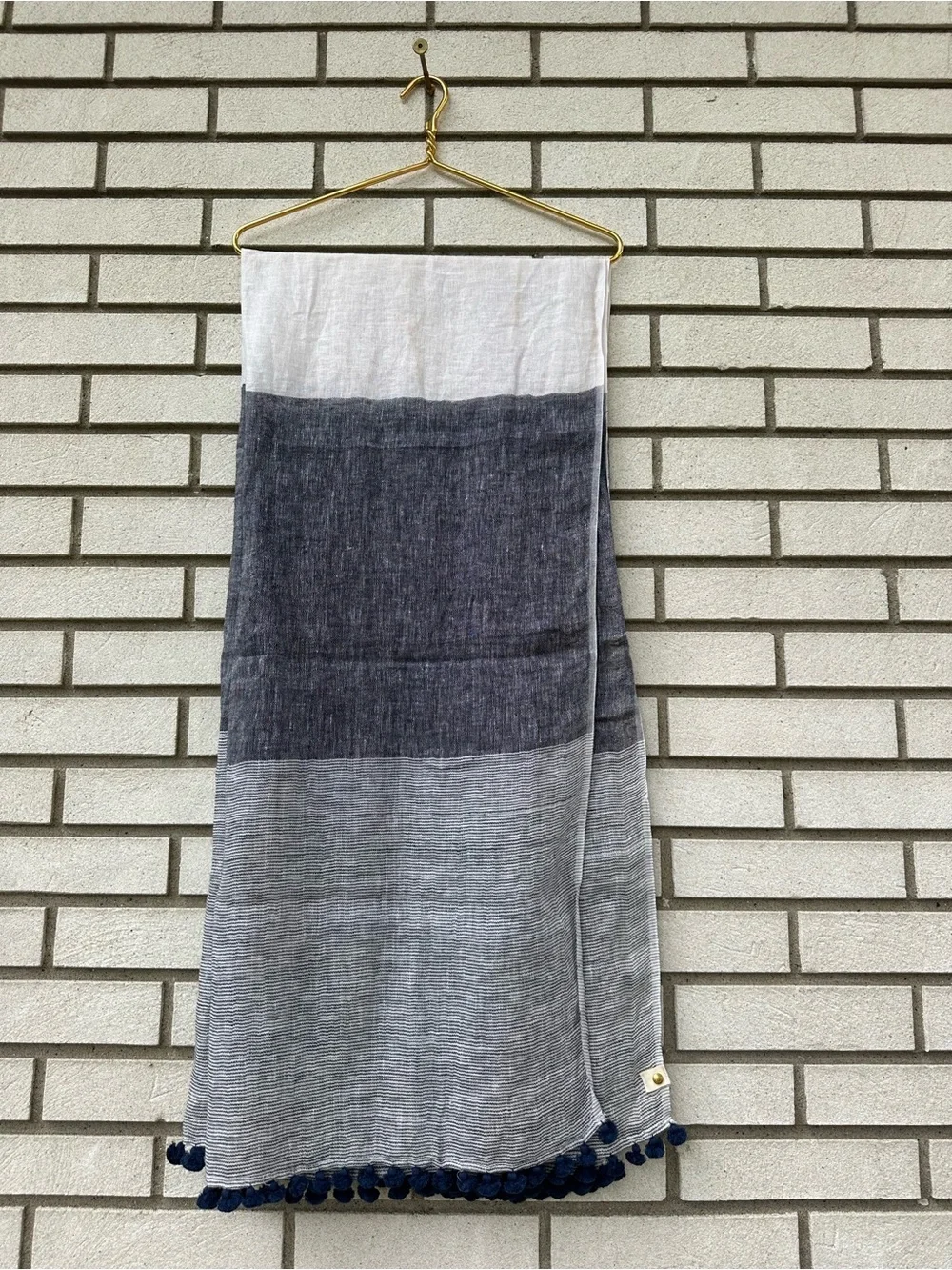 Oversized Linen Pom Pom Tassel Scarf Blue White Colorblock Shawl Wrap Coastal